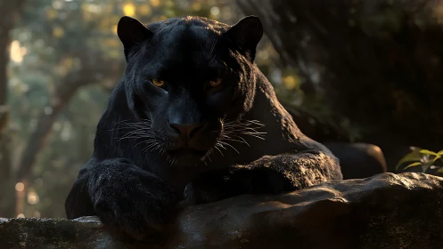 Black Panther Resting on Rock Surface in Forest Setting.