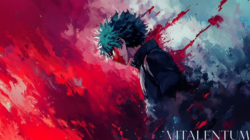 Brooding anime hero amid violent red and blue burst.