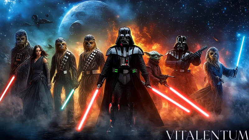 Symmetrical Star Wars character lineup with glowing lightsabers rendered