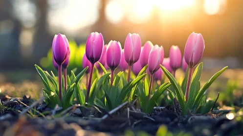 Radiant Magenta Tulips Glowing in Golden Sunrise.