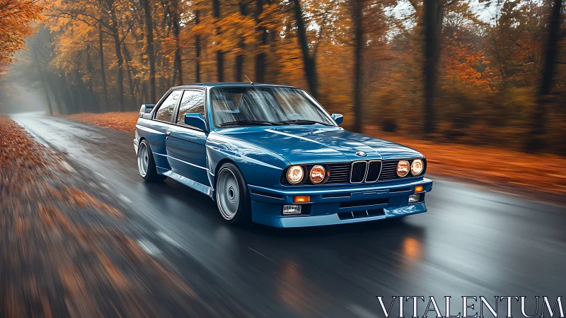 Classic blue BMW speeds through misty autumn forest road