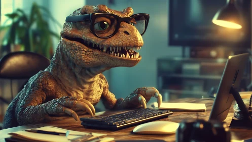 Ergonomic workstation used by glasses-wearing dinosaur typing confidently