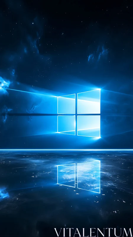 Luminescent window logo projects linear glow across reflective plane