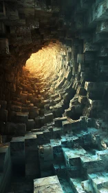 Stone vortex corridor spirals toward a distant molten dawn.