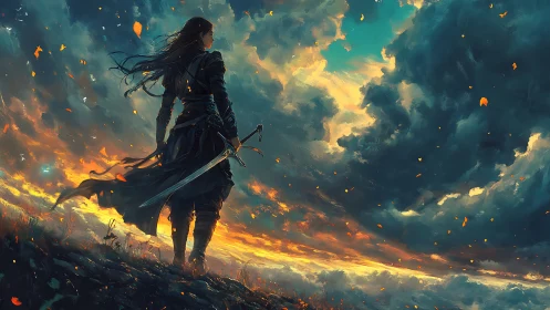 Lone warrior stands on cliff edge under stormlit sunset sky.