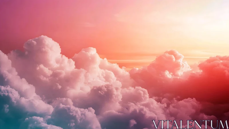 Iridescent cumulus cloudscape under gradient pastel sky.