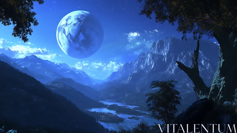 Alien moon hangs above blue nocturnal mountain valley