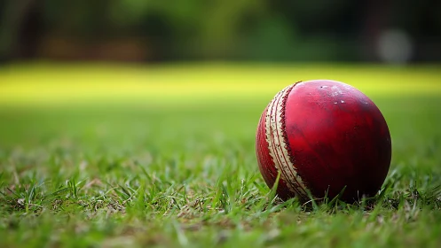 Red cricket ball rests on short grass under shallow focus