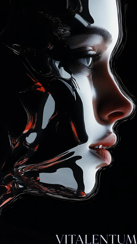 Cybernetic portrait in high contrast chrome and red accents