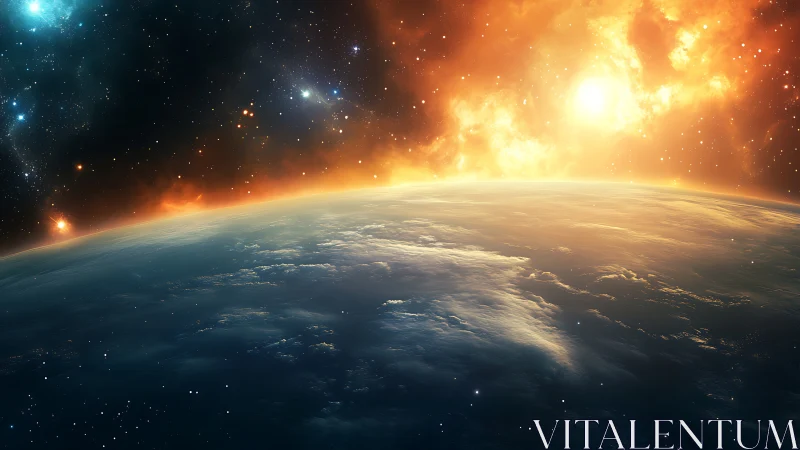 Gentle sunrise over Earth&rsquo;s horizon in a glowing cosmos.