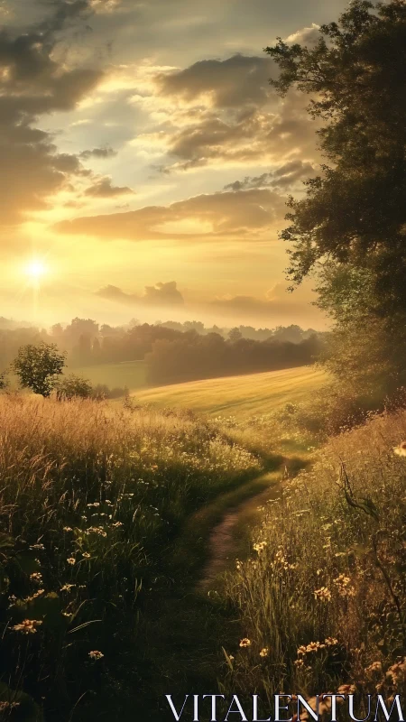 Golden country path winding through a dreamy evening meadow.