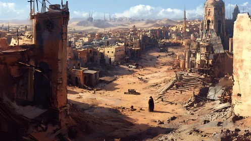 Postwar desert megacity ruins with lone robed wanderer