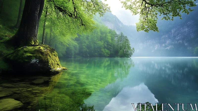 Emerald forest lake whispers under mist-veiled mountainscape.