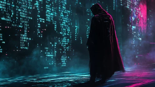 Hooded cyber figure in neon data rain with magenta haze.