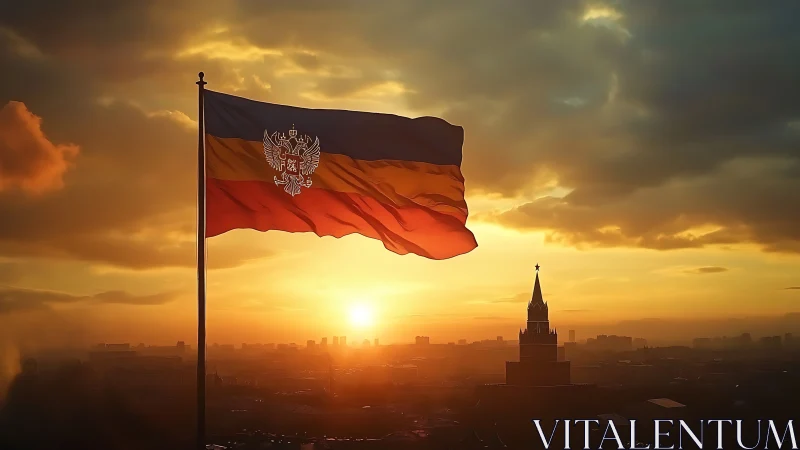 Tricolor imperial flag over silhouetted cityscape at sunset