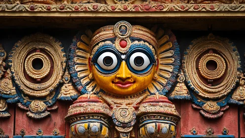 Lively temple guardian smiles from a colorful carved doorway
