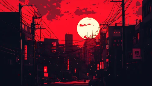 Crimson urban sunset engulfs a quiet neon-lined city street.