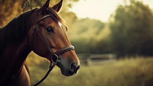 Sunlit chestnut horse listens quietly to the soft meadow hush