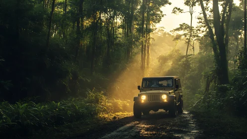 Off-road vehicle navigating dense forest with golden volumetric light