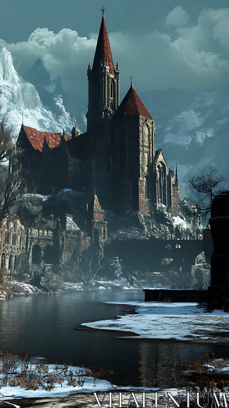Gothic mountain cathedral above frozen river in winter.