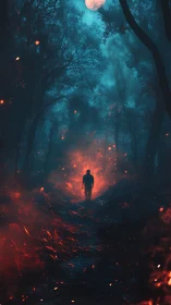Cinematic nocturnal forest path with ember-lit lone figure.