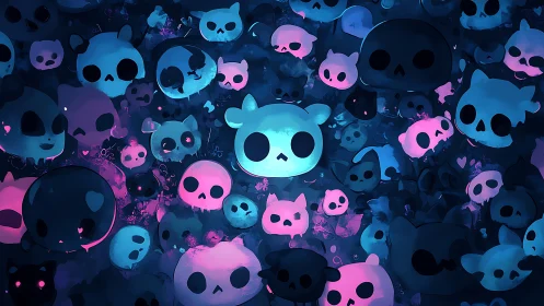 Glowing pastel skull crowd in neon blue and pink palette.