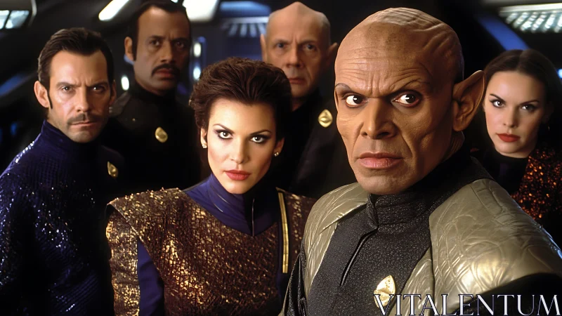 Alien bridge crew confronts unseen threat in starship corridor.