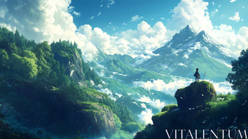 Solitary figure observes layered mountain landscape and clouds