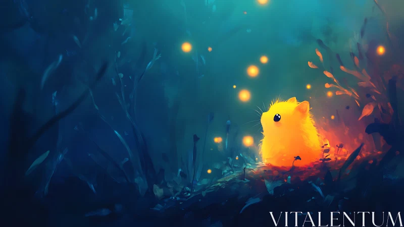 Luminous neon creature observing bioluminescent forest orbs.