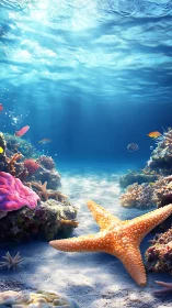 Sunlit shallow reef environment renders detailed starfish anatomy