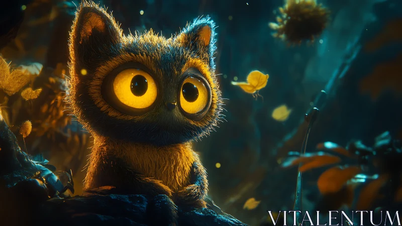 Bioluminescent forest creature with exaggerated ocular optics.