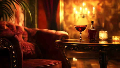 Opulent lounge scene with red velvet sofa and cognac glass.