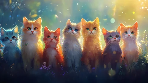 Seven Luminous Kittens Gathered in Ethereal Golden Radiance