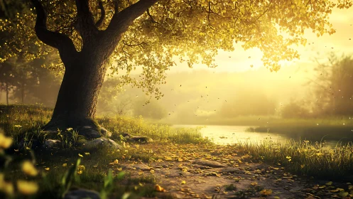 Golden light over riverside tree in calm countryside.