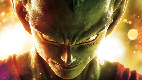 High contrast close-up of green-skinned anime warrior under backlight