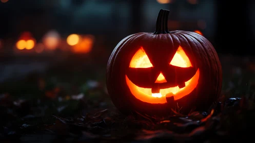Jack o’lantern grin blazing bright on a misty Halloween lawn.