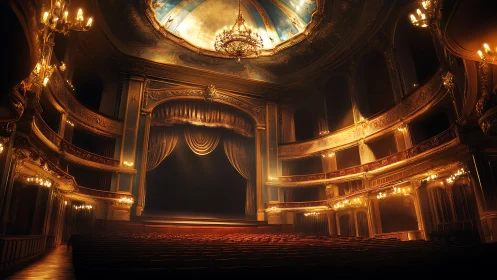 Grand baroque theater interior glows under cinematic lighting