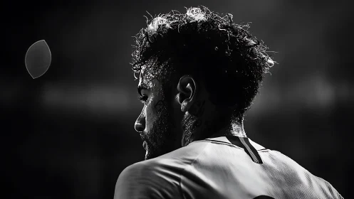 Backlit football player in monochrome stadium environment.