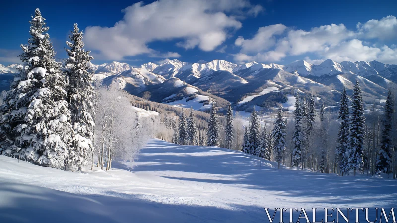 Snow-covered pines overlook sunlit mountains and ski run.