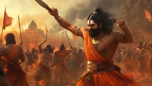 Warrior leading temple battlefield clash in orange robes.