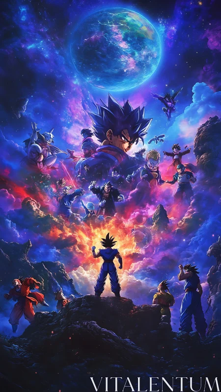 Cosmic anime warriors under nebula sky with planetary backdrop