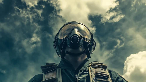 Fighter pilot in helmet and gear stands under dramatic clouds