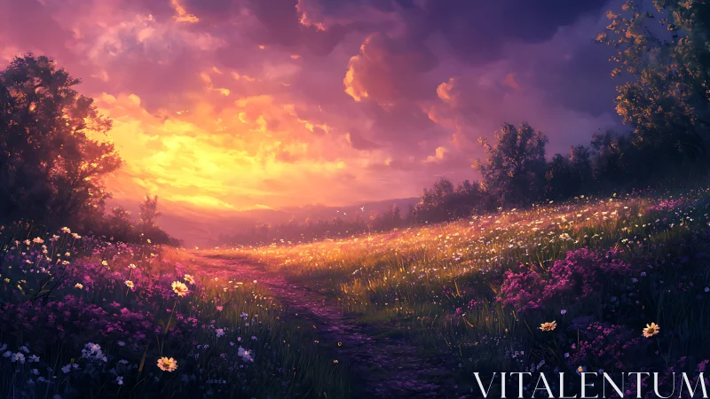 Sunset light spreads across wildflower meadow and dirt path