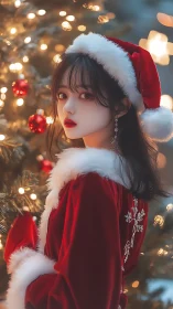 Digital portrait girl in Santa outfit by glowing tree.
