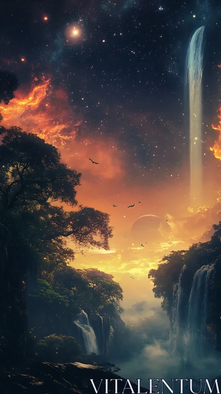 Celestial rainforest canyon merges luminous sky and waterfalls