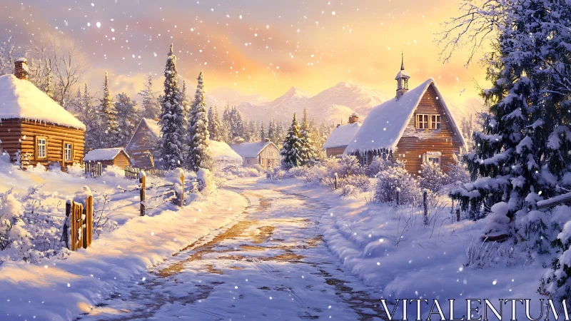 Radiant alpine village street under diffuse winter snowfall.