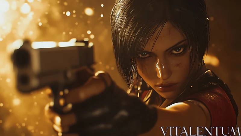 Intense female fighter aiming handgun in golden light.