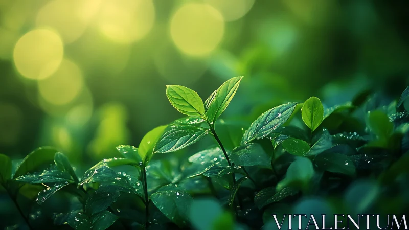 Sunlit green leaves glisten softly in a tranquil forest scene.