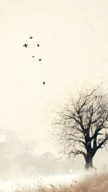 Solitary tree in muted winter field with distant birds.