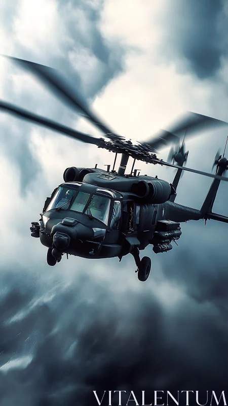 Stealth military helicopter cutting through storm clouds.